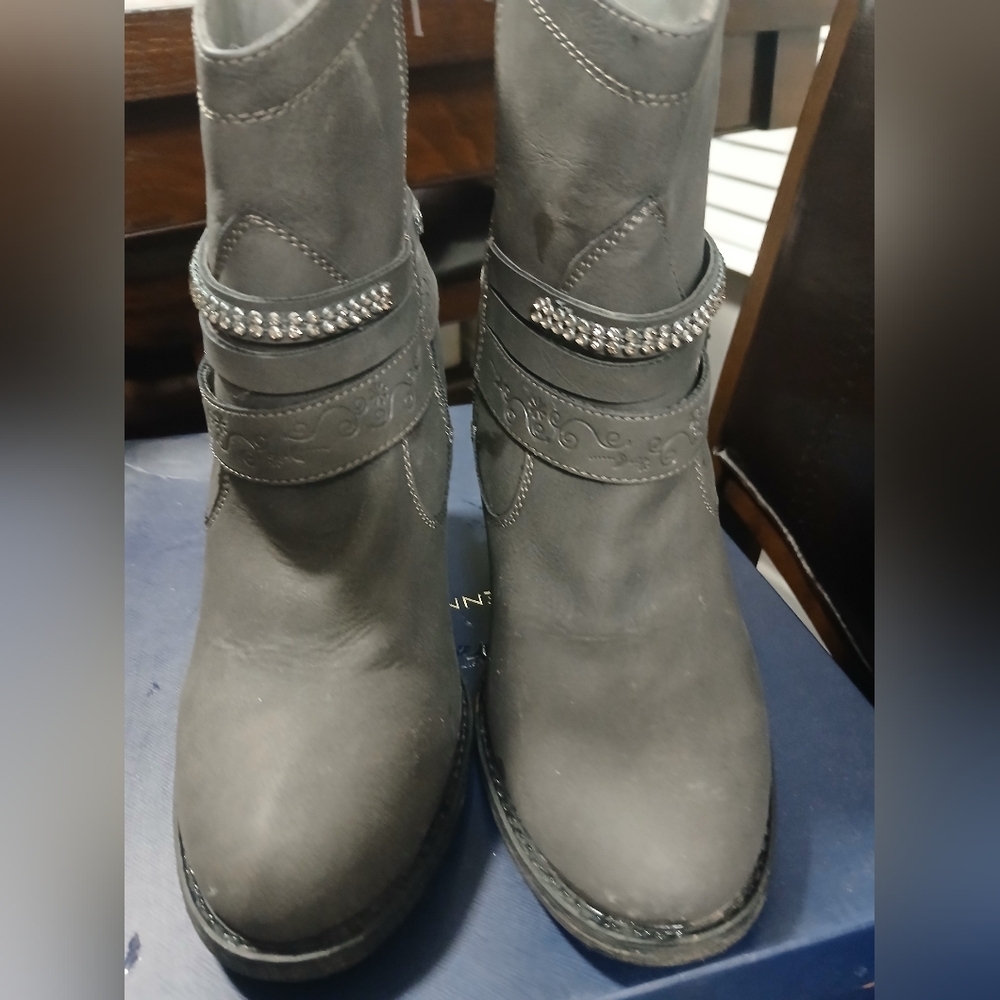 Adrienne Vittadini Charcoal Ankle Boots with Rhinestone Straps
